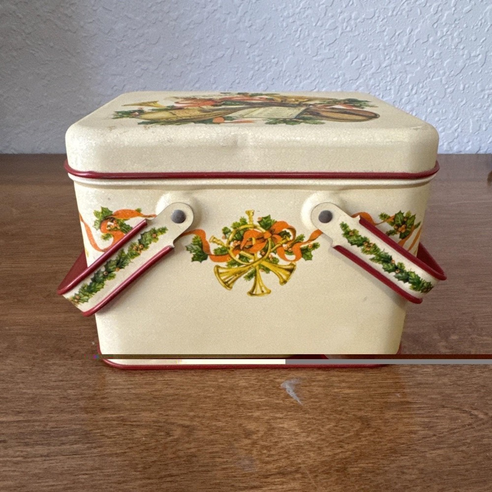 Vintage Christmas Potpourri Press Joy to the World Symphony MCM Metal Tin Basket